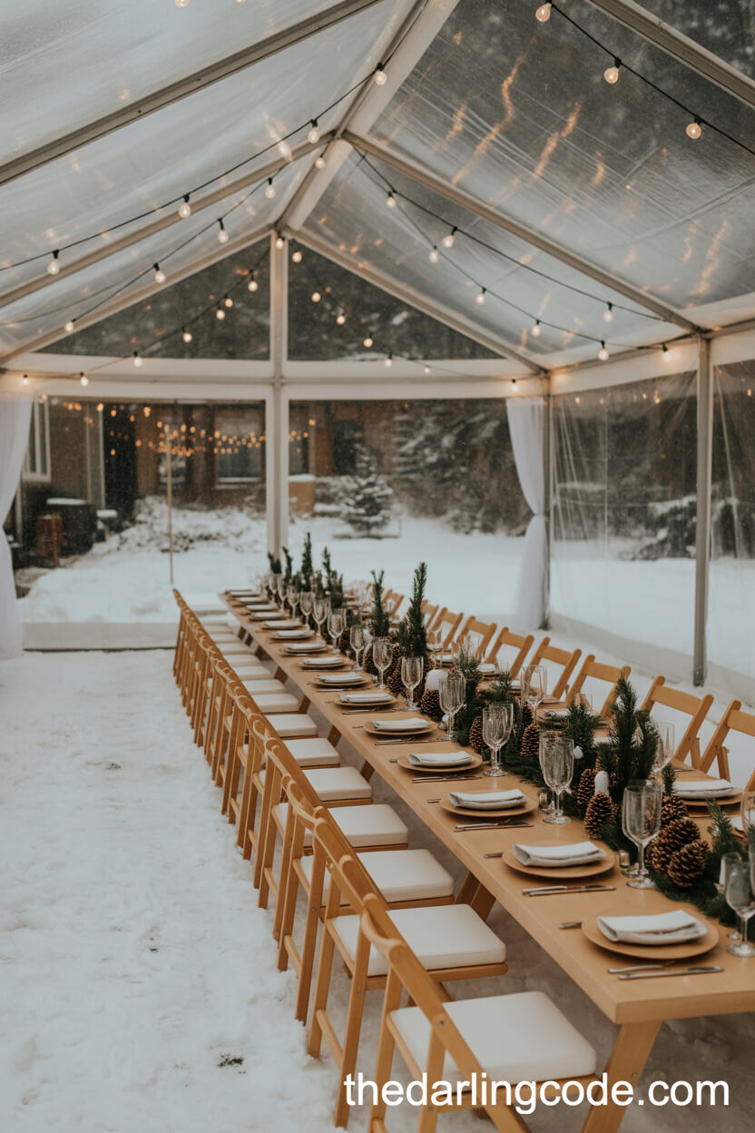 Winter Wonderland Tent Wedding With Pinecone And Evergreen Decor