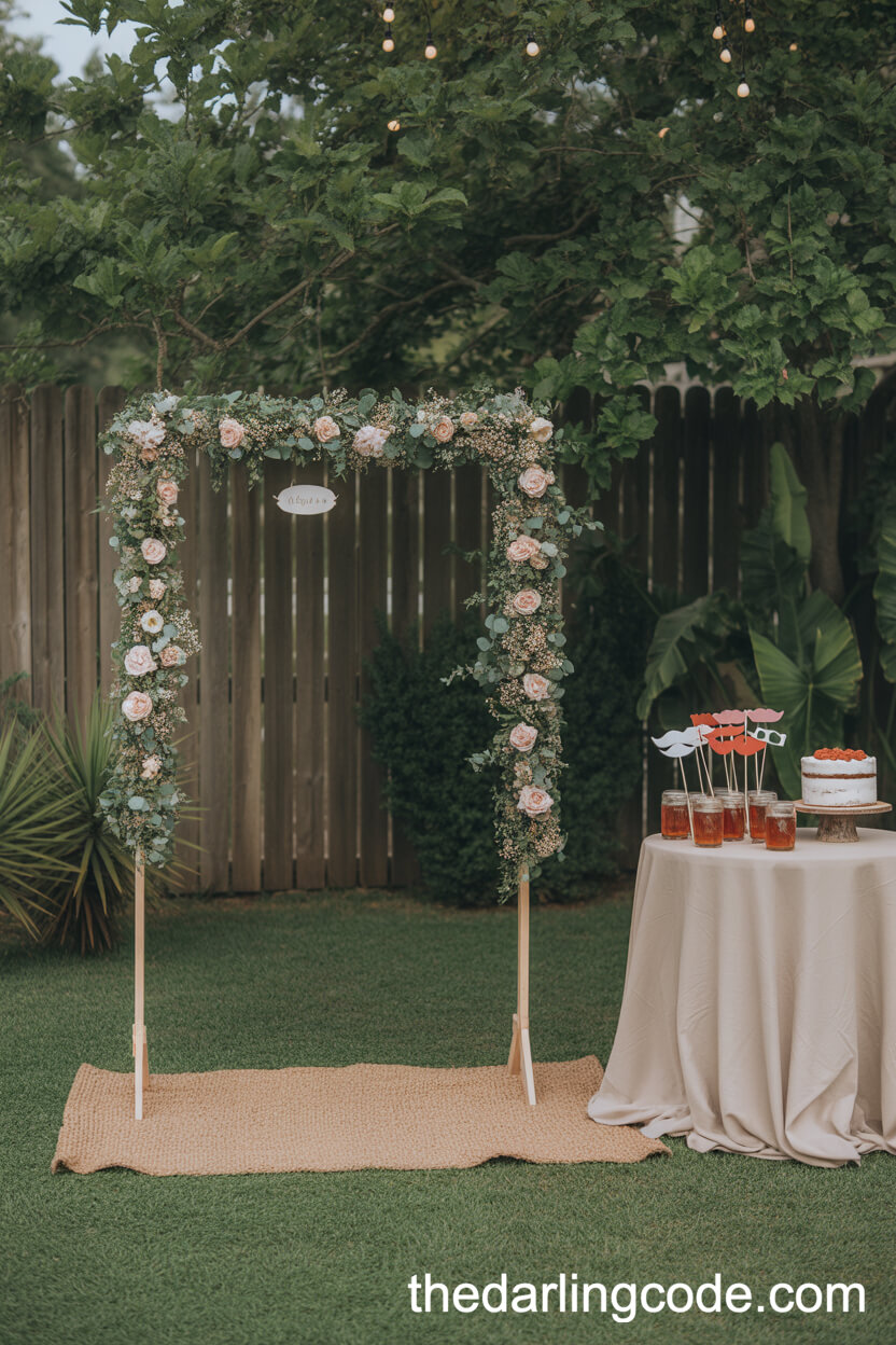 Charming Backyard Photo Booth With Floral Garland And Fun Props
