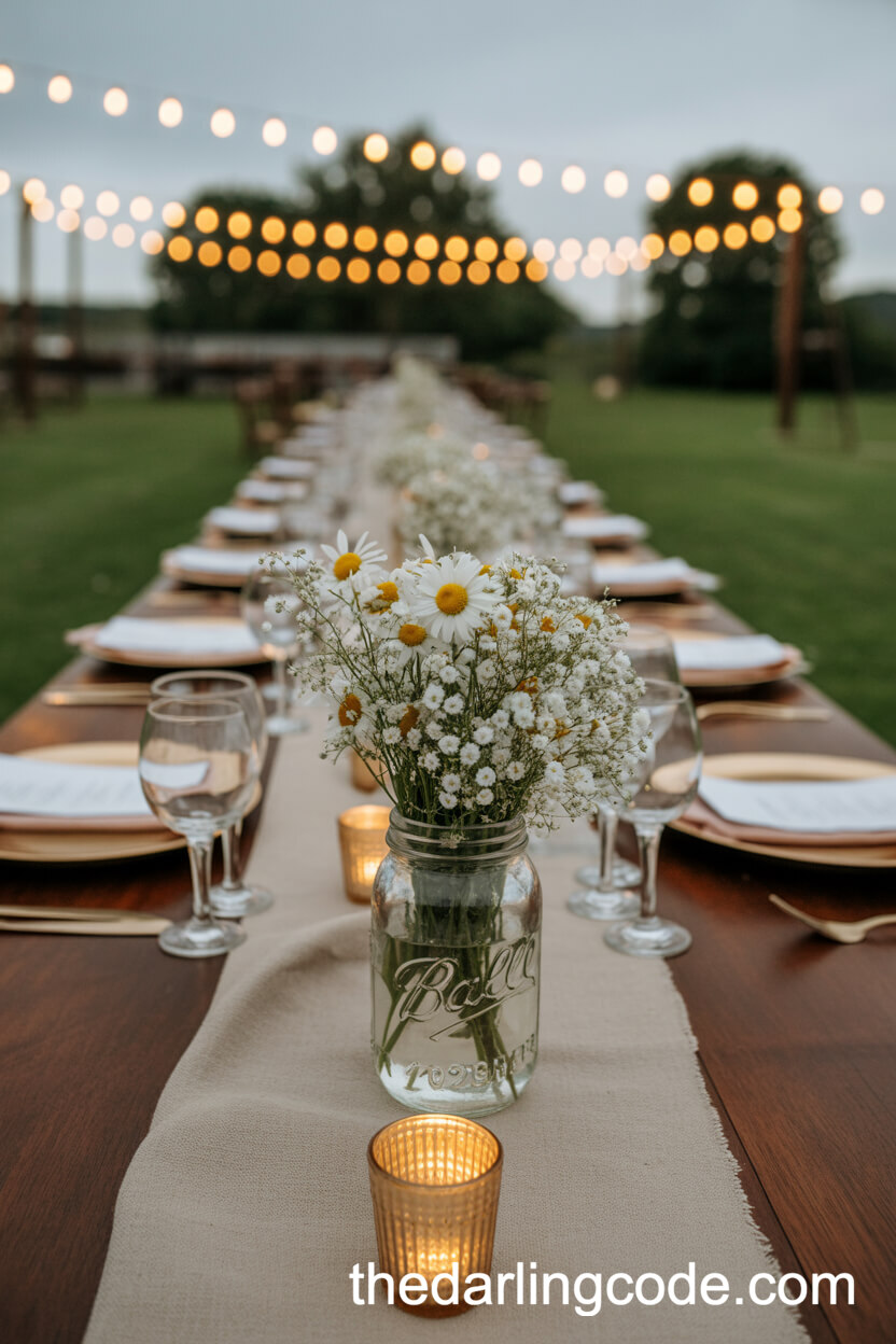 Mason Jar Wildflower Centerpieces With Gold Candle Accents