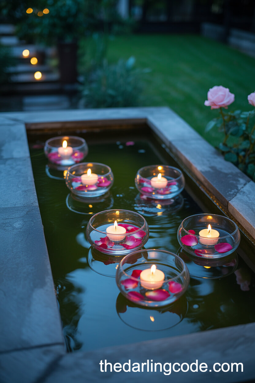 Candlelit Backyard Pond Or Fountain With Floating Glass Bowls