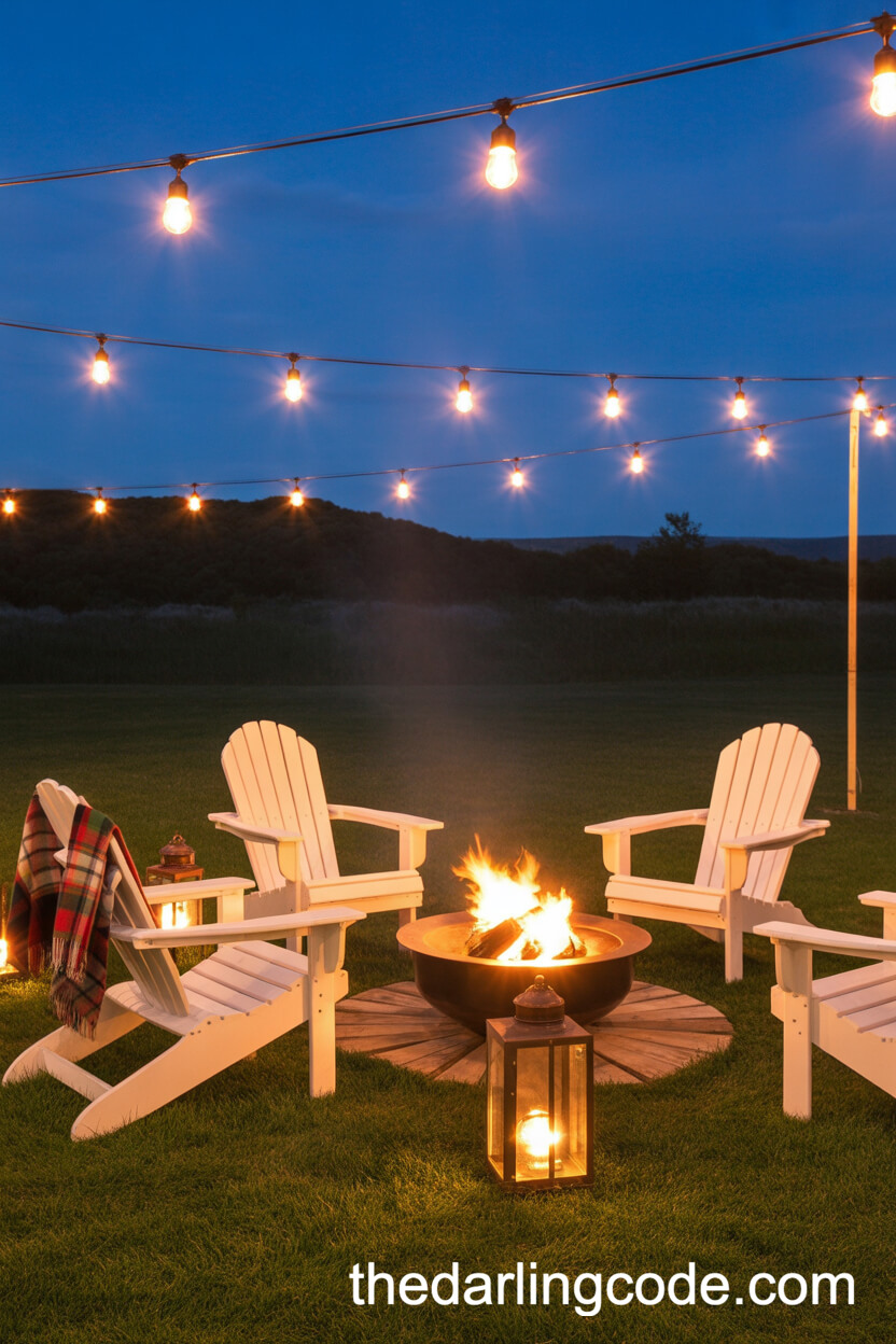 Cozy Lounge Area With Adirondack Chairs And Fire Pit