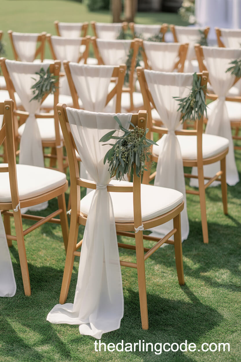 Ceremony Chairs Draped With Chiffon Sashes And Greenery