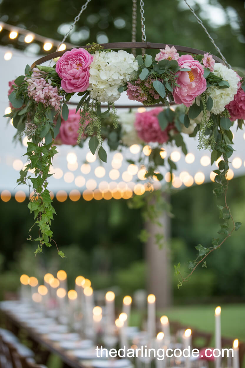 Handcrafted Floral Chandelier Above The Reception Table