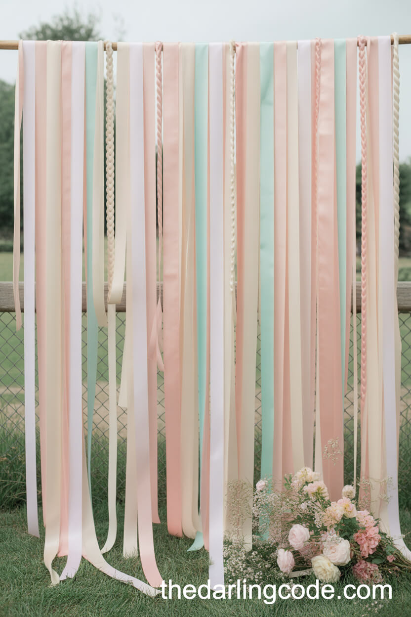 Pastel Ribbon Wall Backdrop With Fresh Flower Bouquet