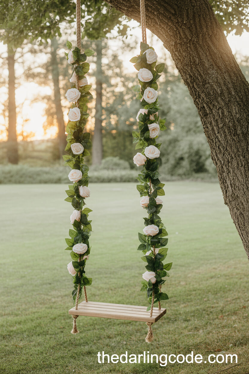 Romantic Flower Garland Swing Hanging From A Tree