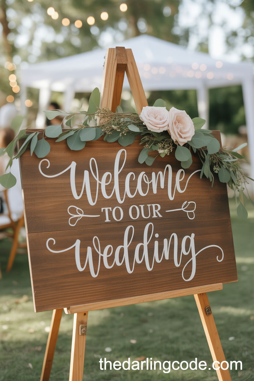 Rustic Wooden Welcome Sign With Eucalyptus And Roses
