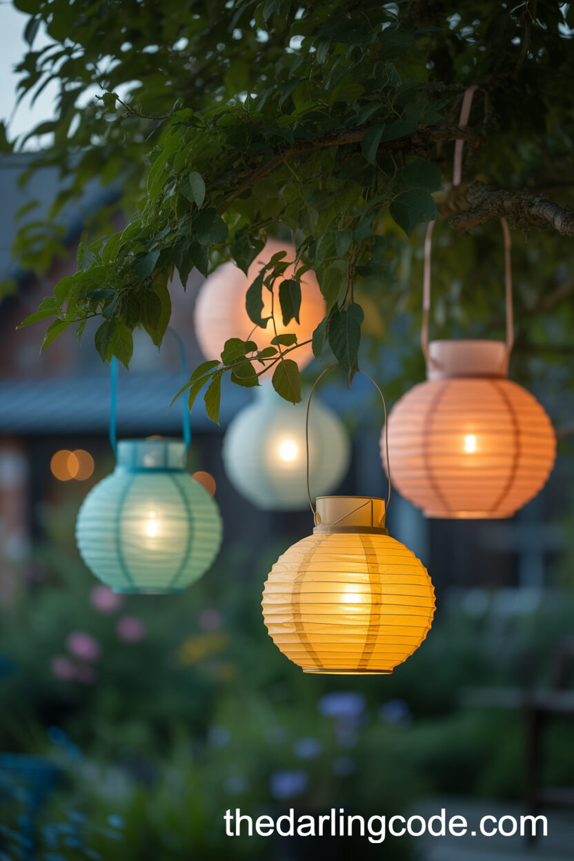Vintage Lanterns Hanging From Tree Branches