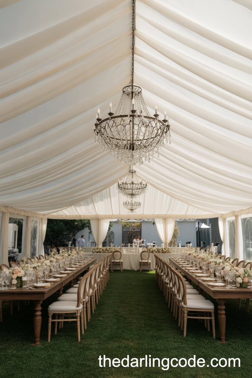 Elegant White Tent With Crystal Chandeliers And Floral Garlands