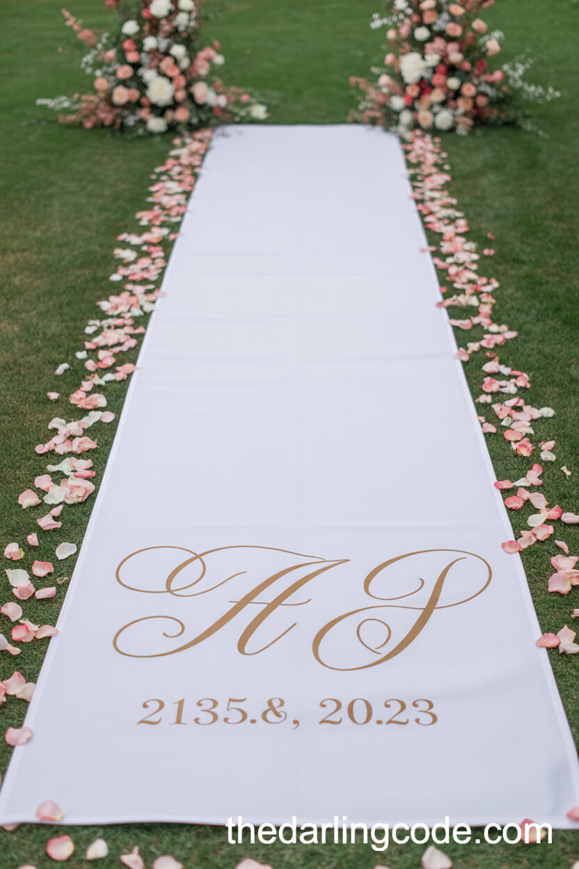 Personalized Aisle Runner With Rose Petals And Calligraphy