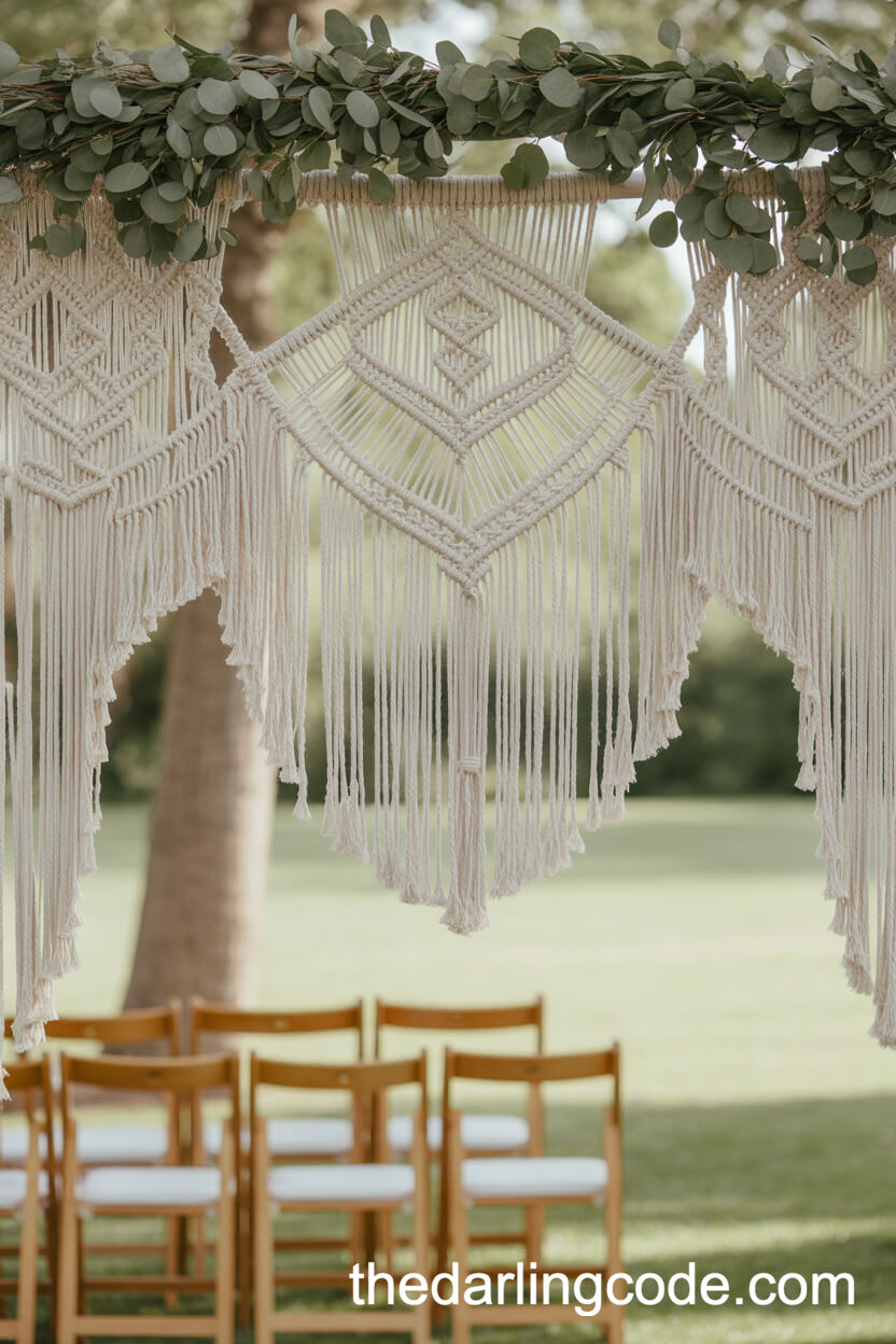 Macrame Ceremony Backdrop With Greenery Accents