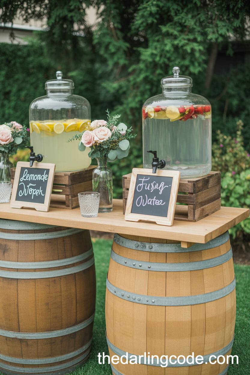 Beverage Station With Wooden Barrels And Floral Touches