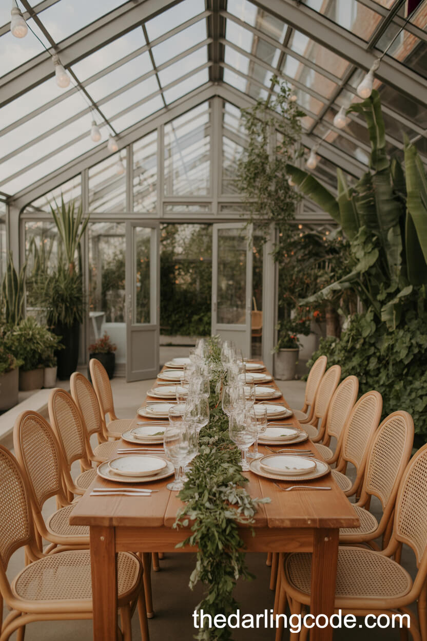 Glass Greenhouse Table Surrounded By Lush Foliage