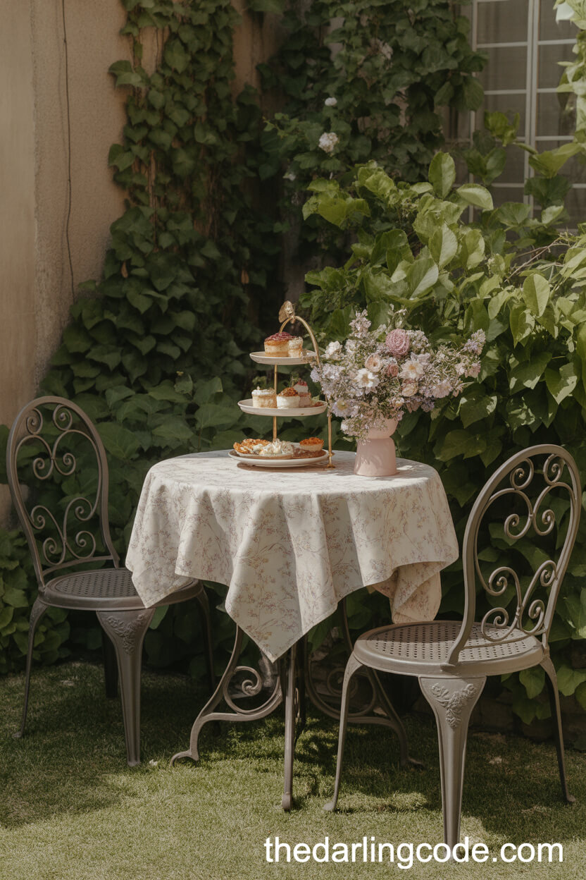 Intimate Garden Nook Table With Floral Tablecloth