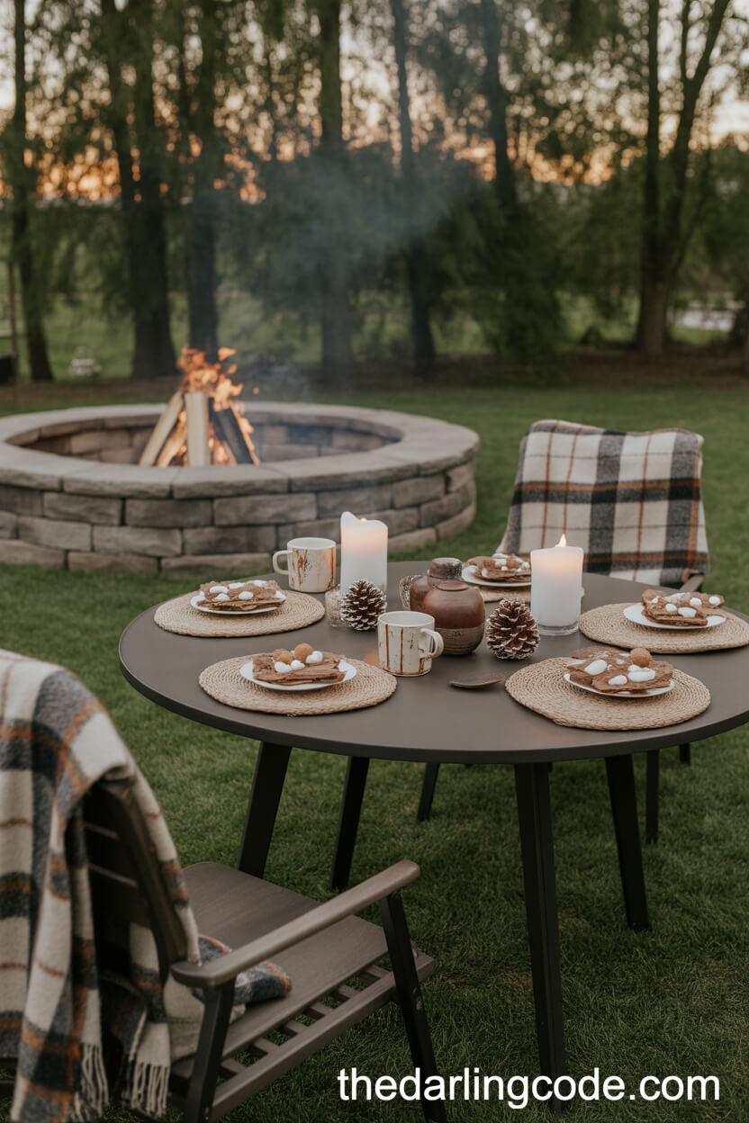 Fireside Table With S’Mores And Plaid Blankets