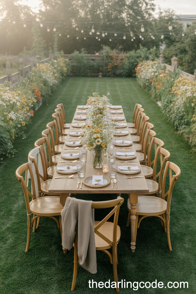 Wildflower Border Rustic Table On Green Lawn
