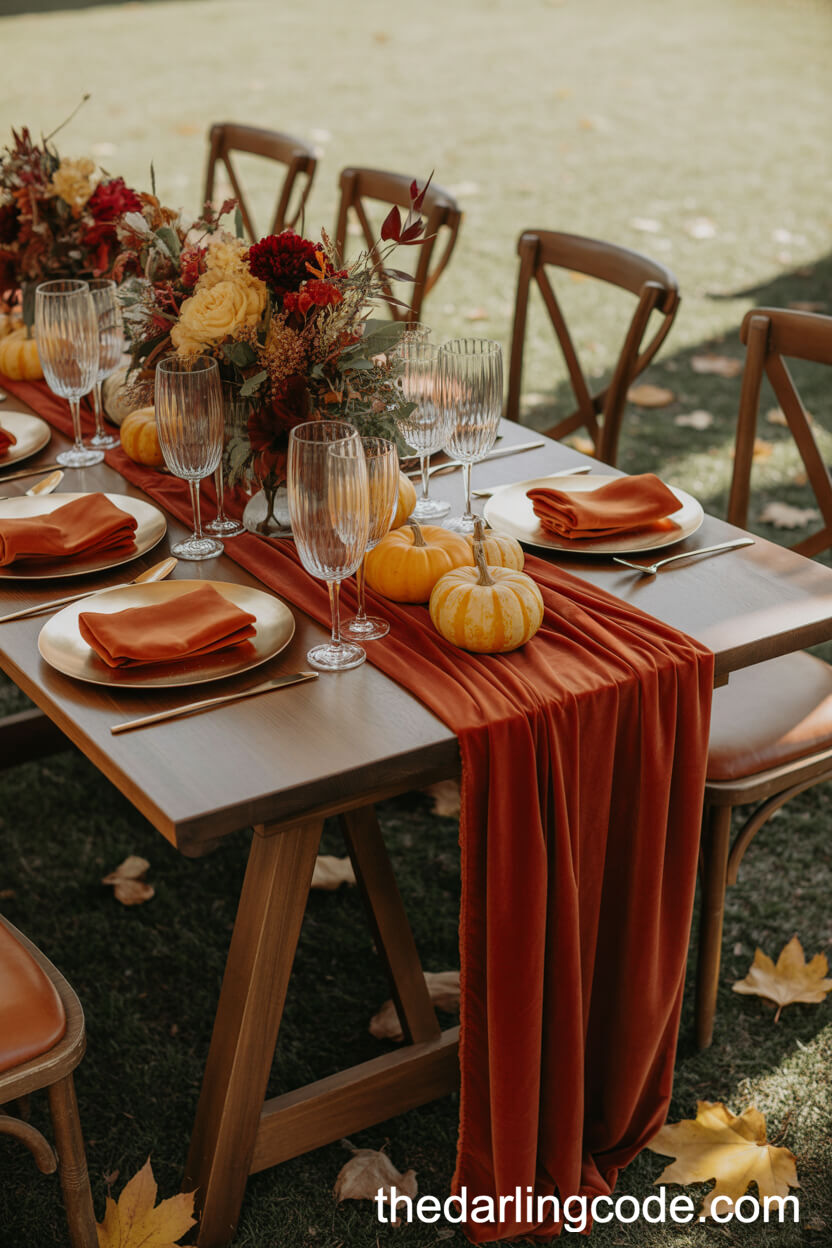 Autumn Harvest Table With Velvet And Pumpkins