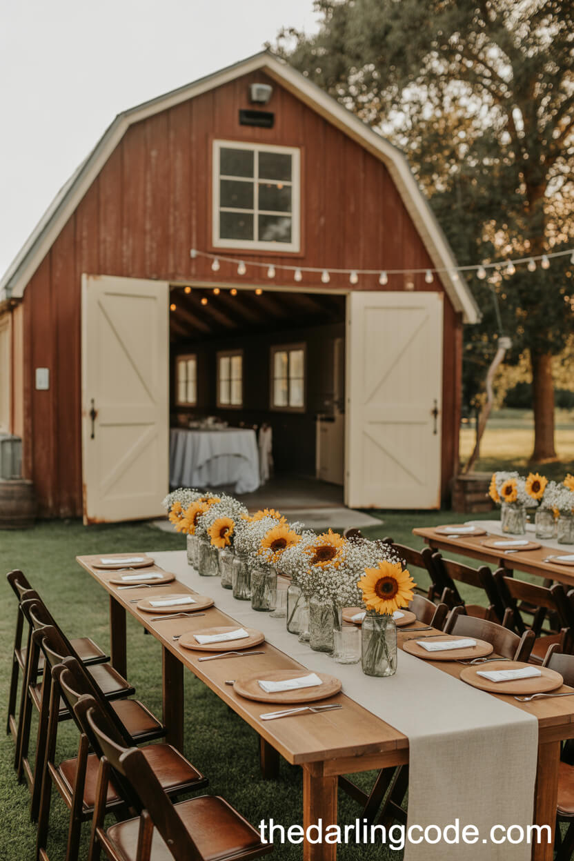 Sunflower Barn Door Table With String Lights