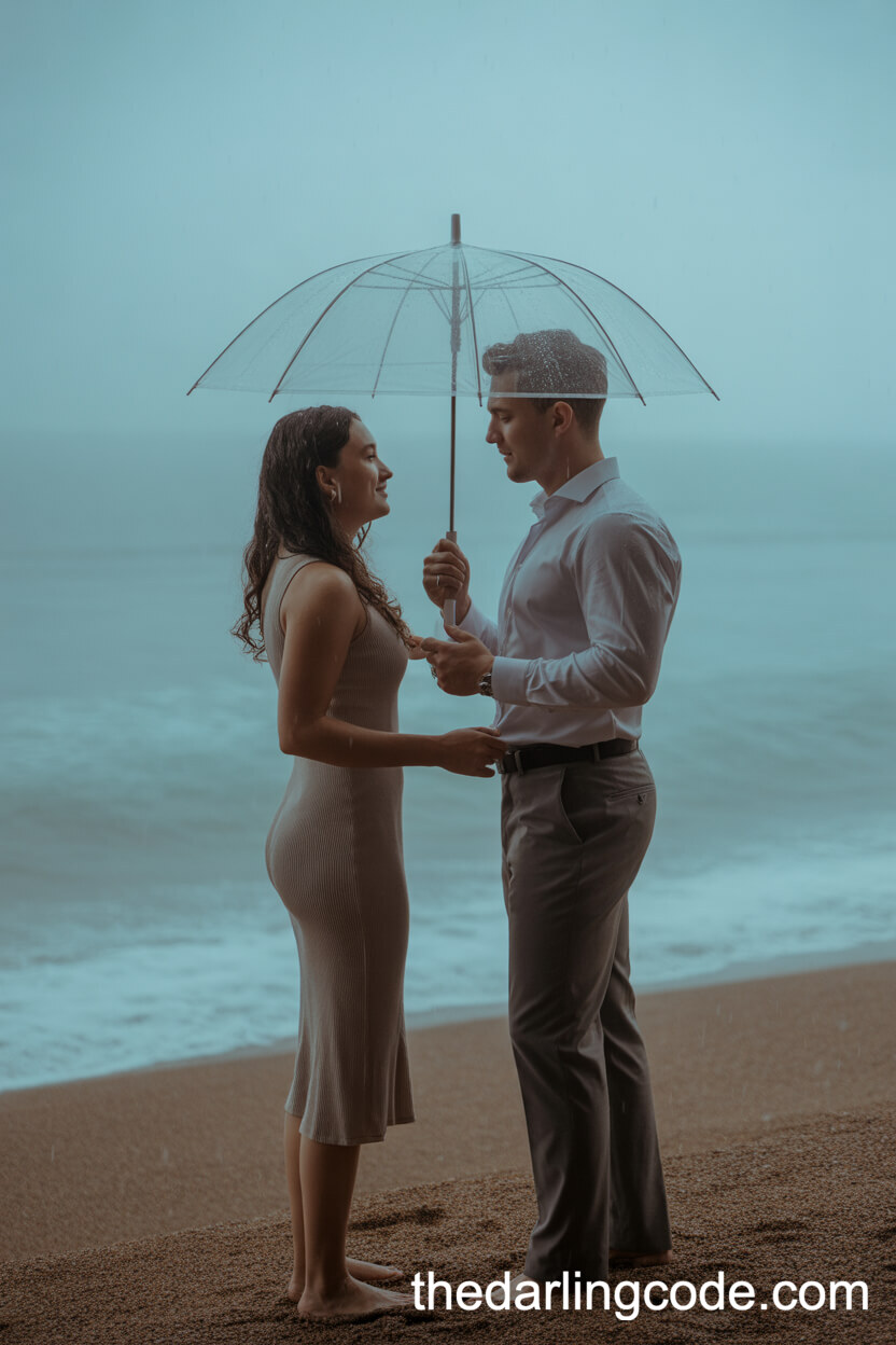 Sharing An Umbrella In The Beach Rain