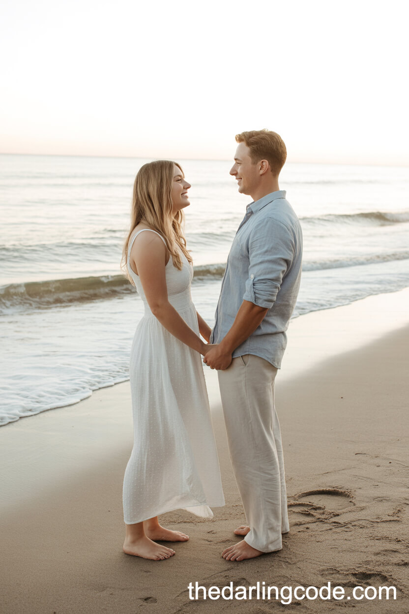 Flowy White Engagement Dress And Light Blue Linen Shirt