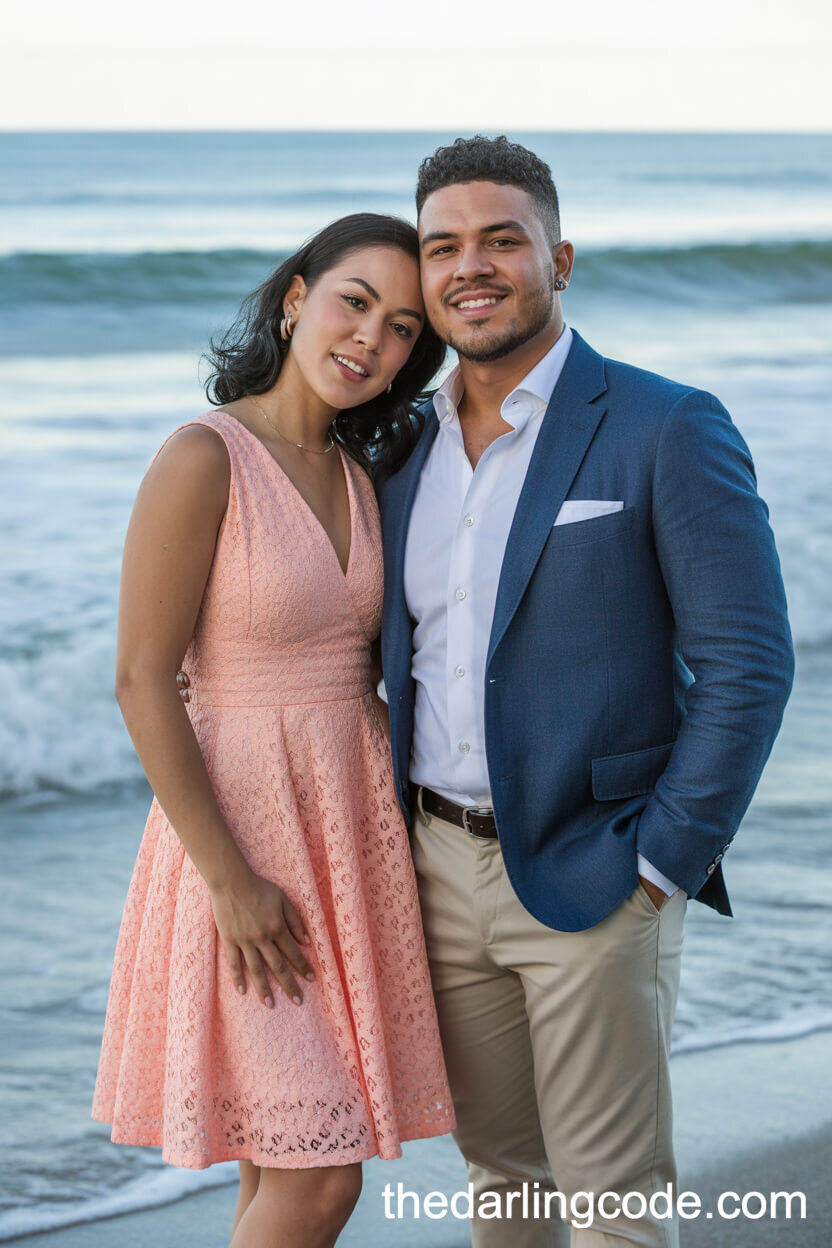 Peach Knee-Length Dress And Blue Blazer With Beige Pants