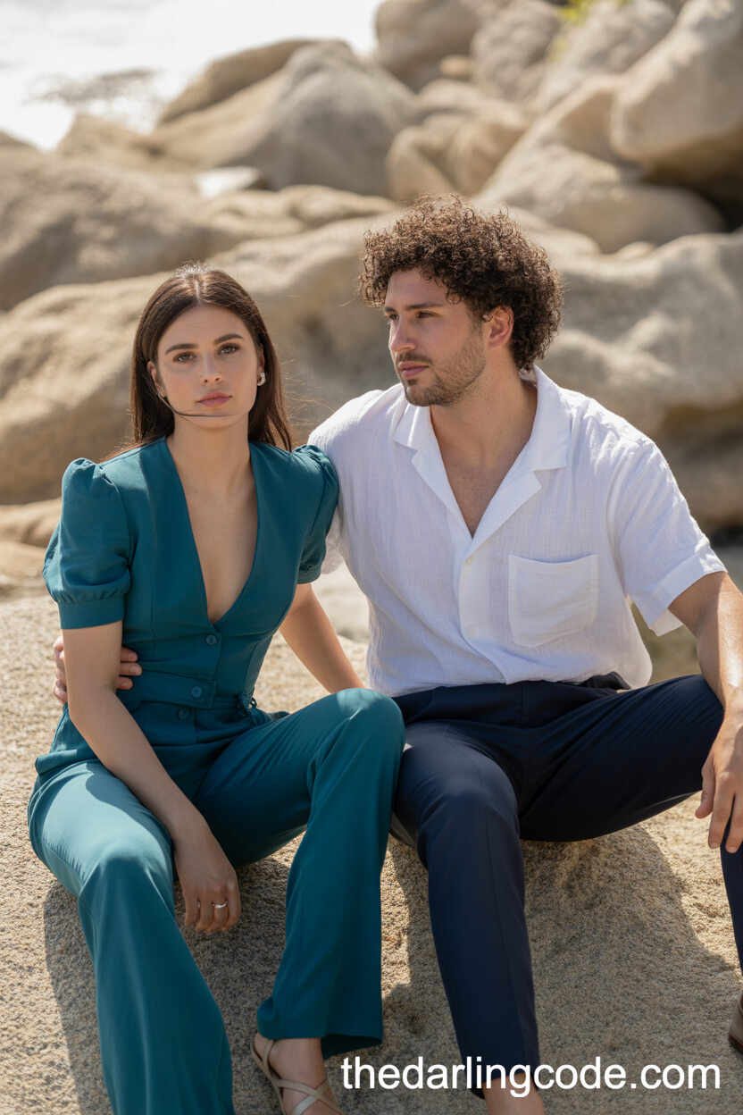 Stylish Teal Jumpsuit With White Resort Shirt And Navy Pants