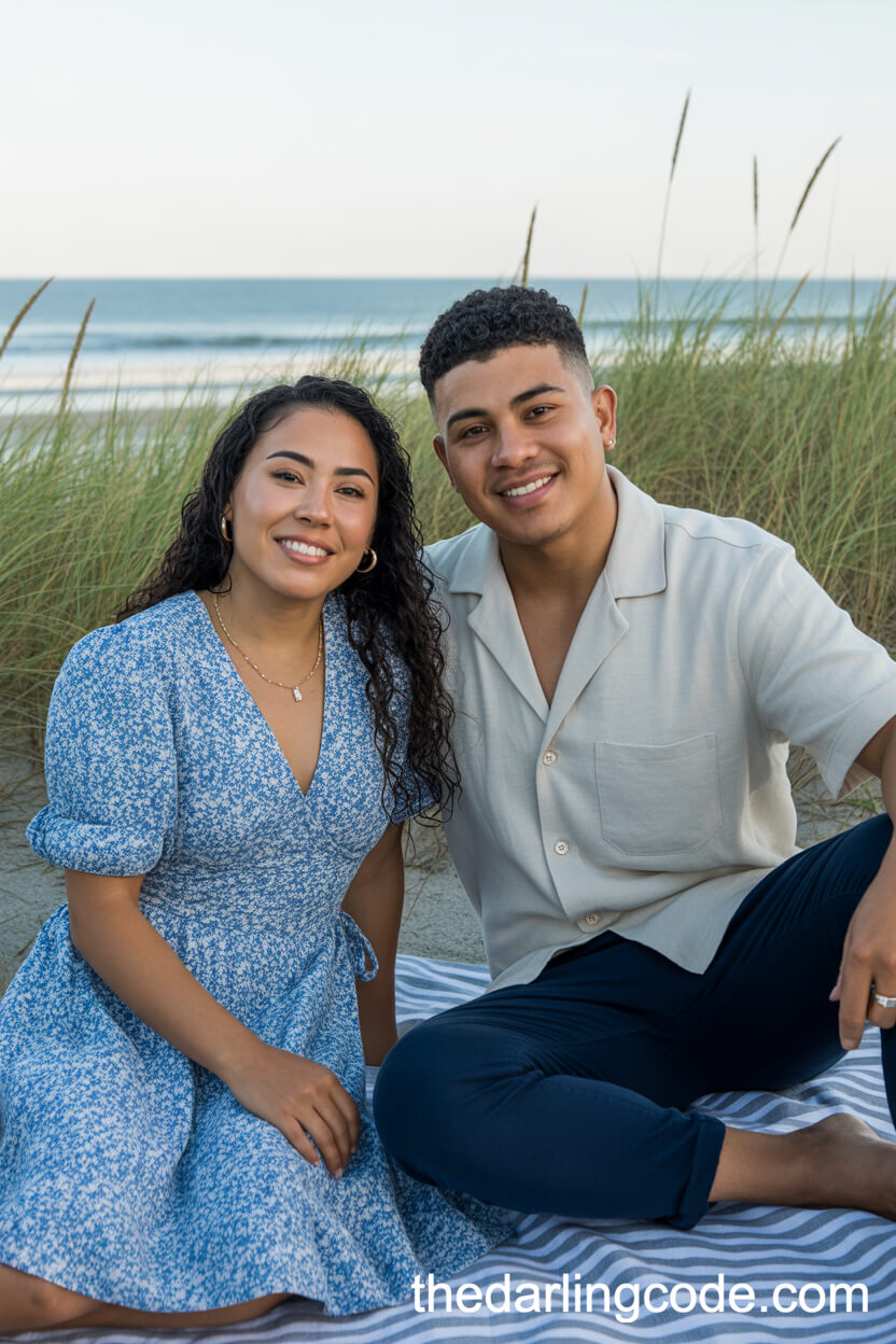 Blue Floral Print Dress And Pale Linen Shirt On Picnic Blanket