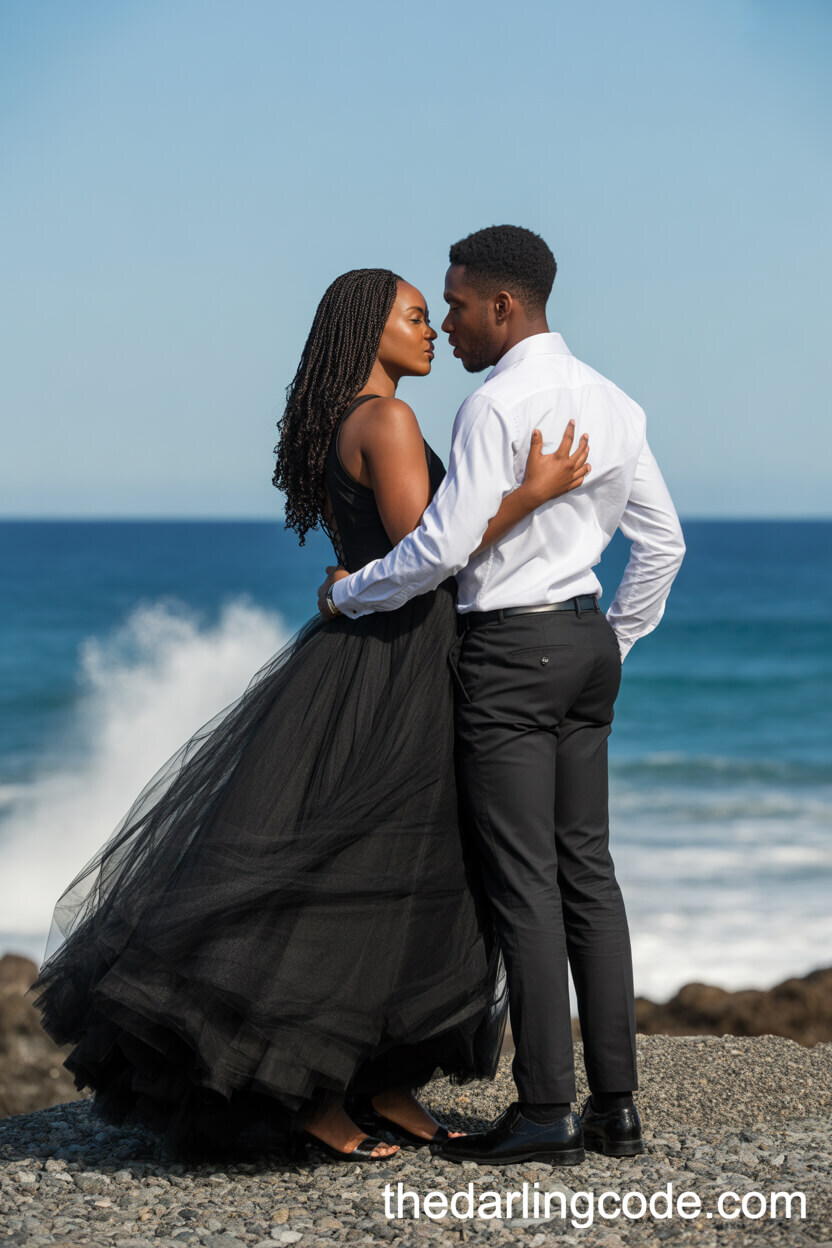 Dramatic Black Engagement Dress And Crisp White Shirt