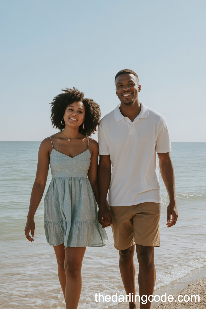 Pastel Blue Sundress With White Polo And Khaki Shorts