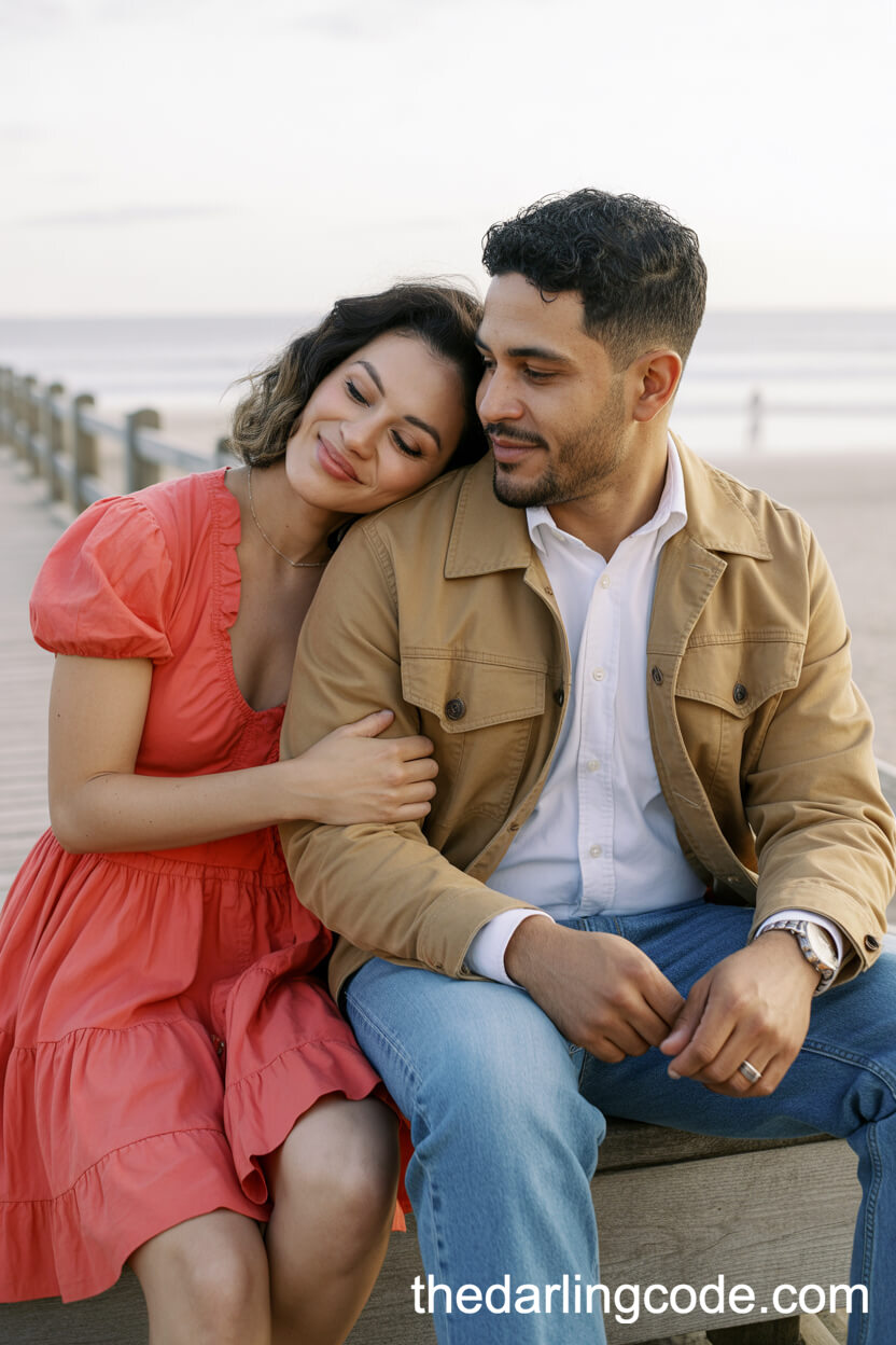 Coral Ruffle Dress With Tan Canvas Jacket And Jeans