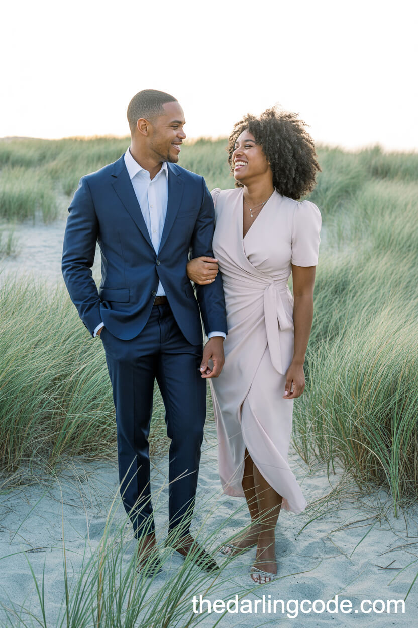 Blush Pink Wrap Dress And Navy Blue Suit Among Beach Grass