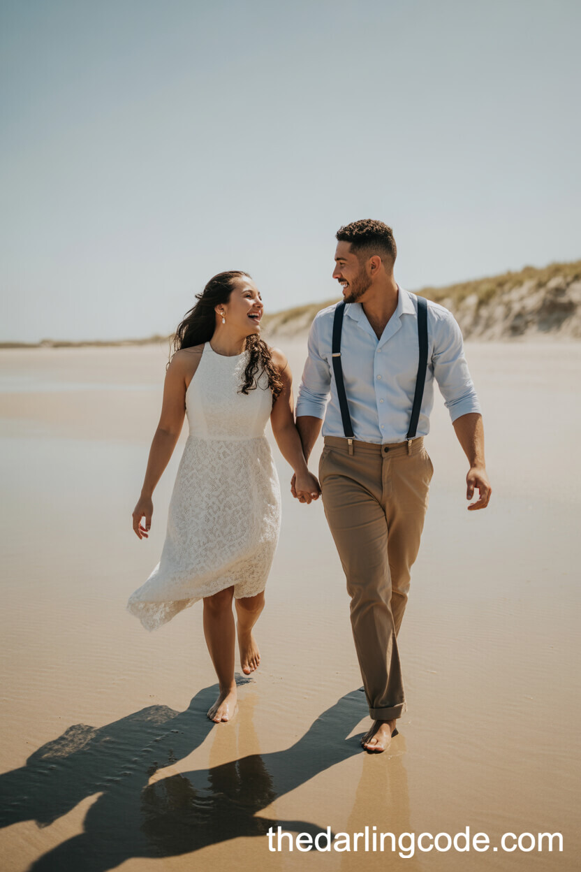 White Lace Dress And Light Suspenders With Tan Pants