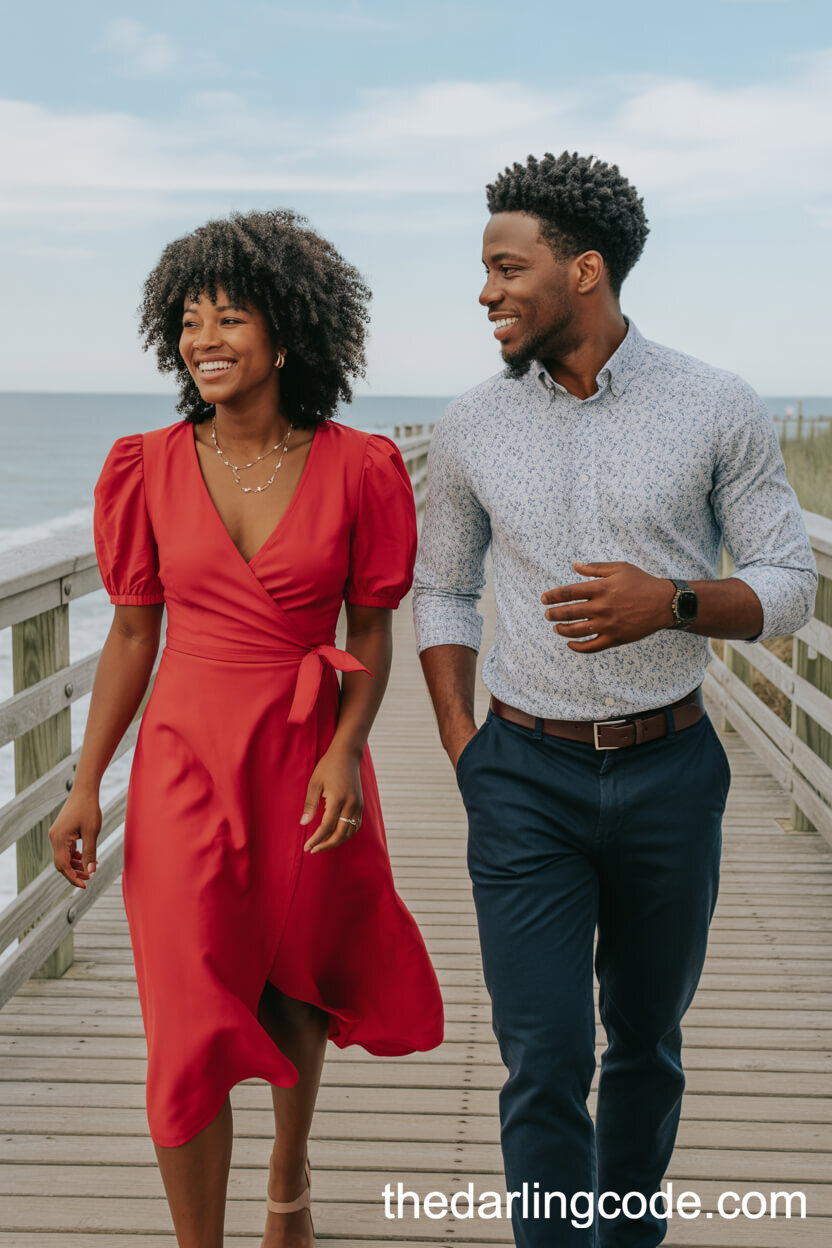 Vibrant Red Wrap Dress With Patterned Shirt And Navy Trousers