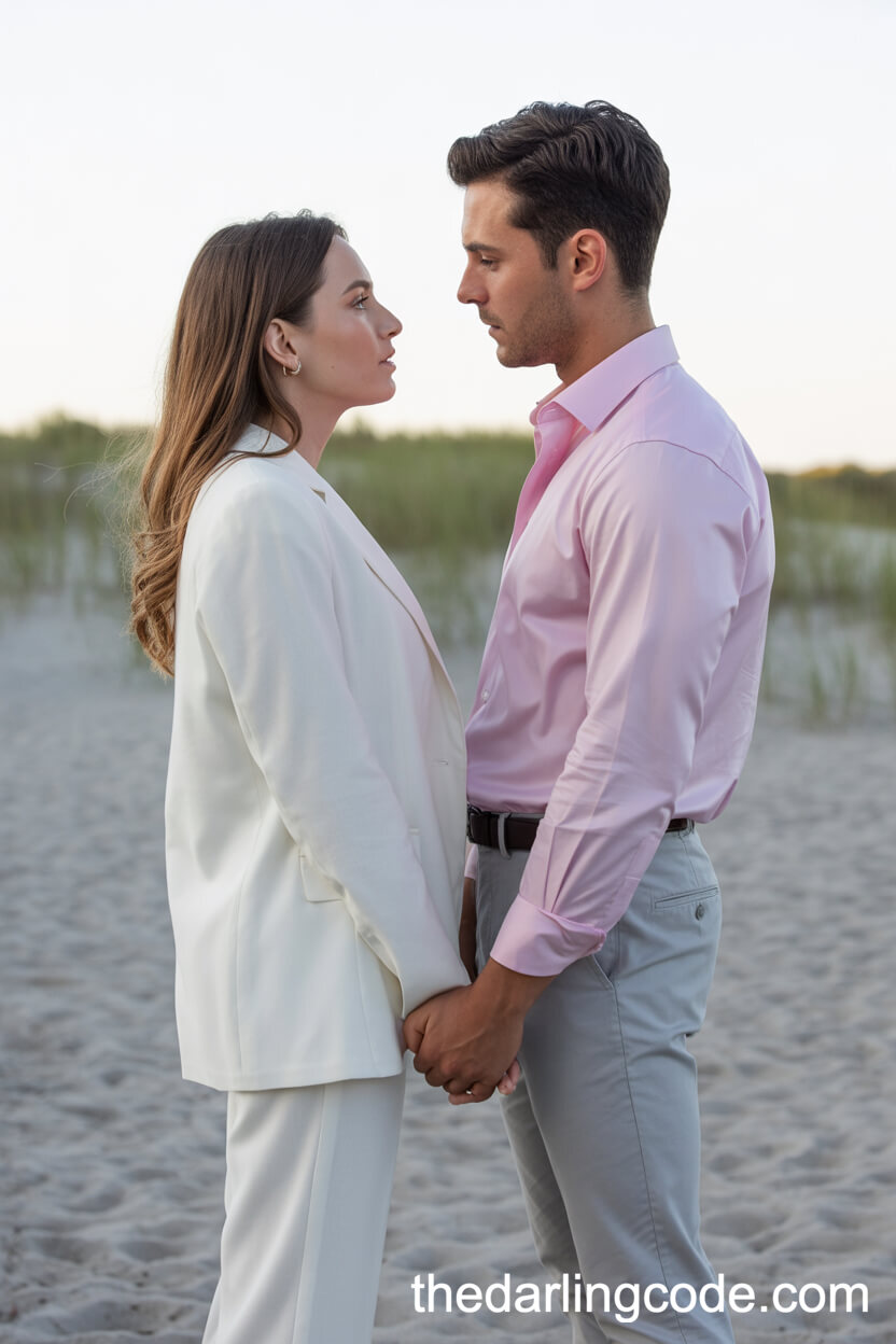 Classy White Pantsuit And Pastel Pink Shirt With Light Grey Chinos