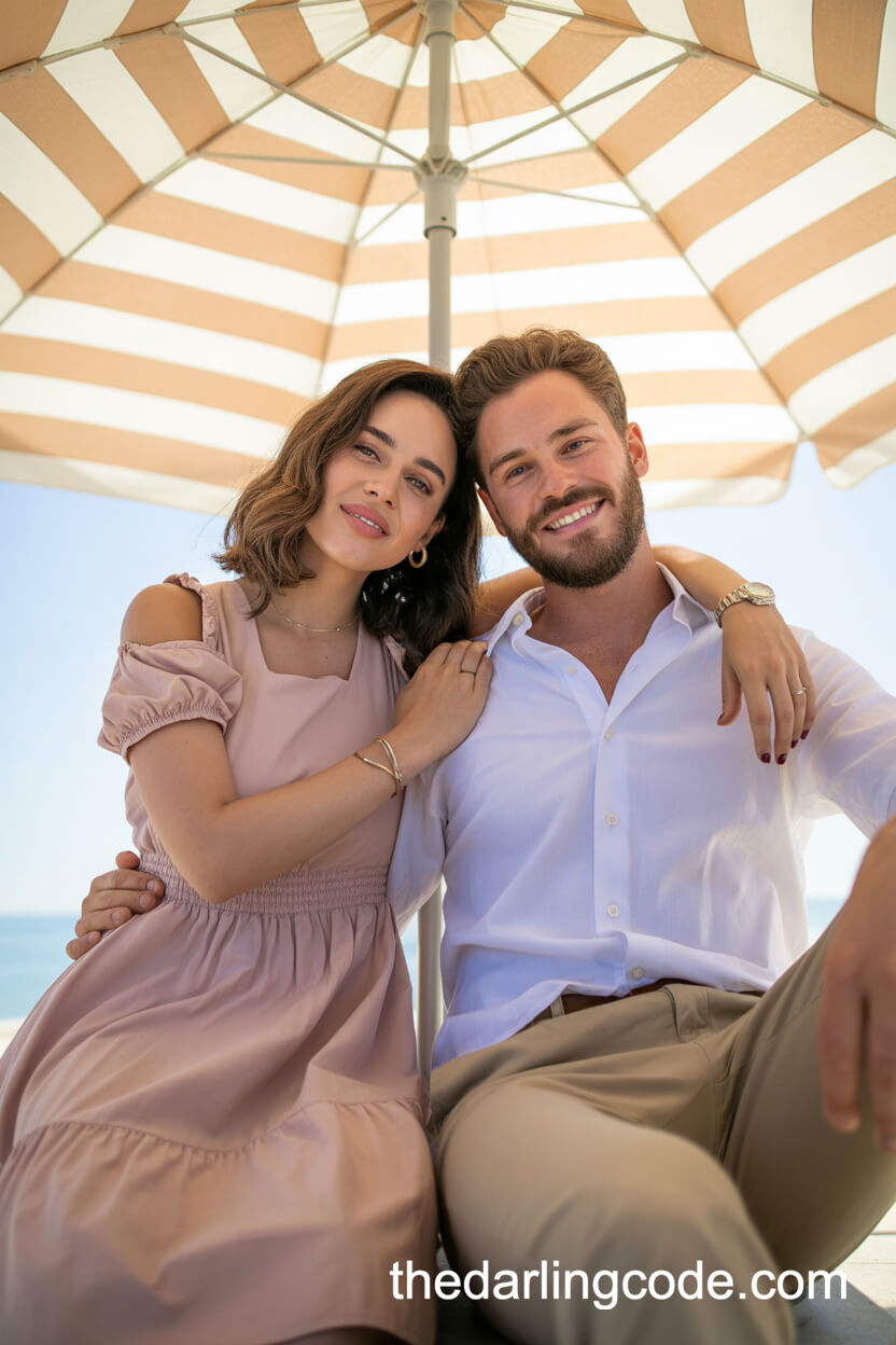 Relaxed Smiles Under A Striped Umbrella