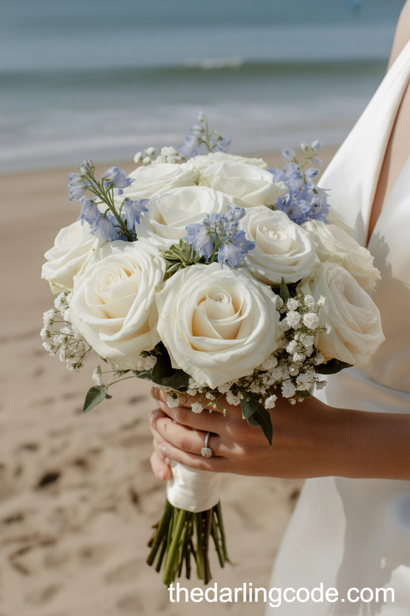 White Rose And Blue Delphinium Beach Wedding Bouquet