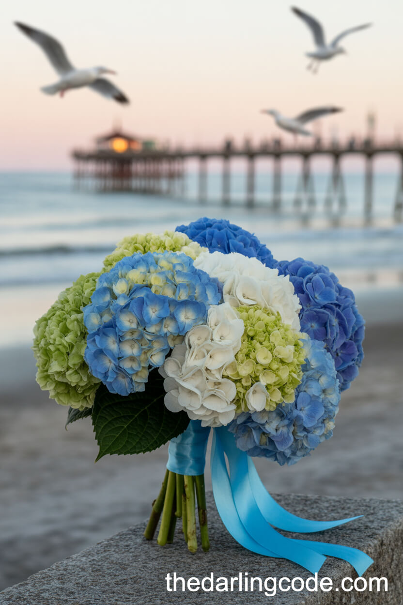Blue, White, And Green Hydrangea Coastal Bouquet