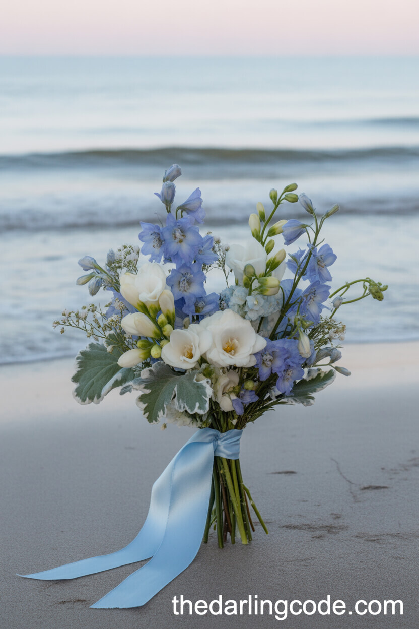 Blue Delphinium And White Freesia Delicate Beach Bouquet