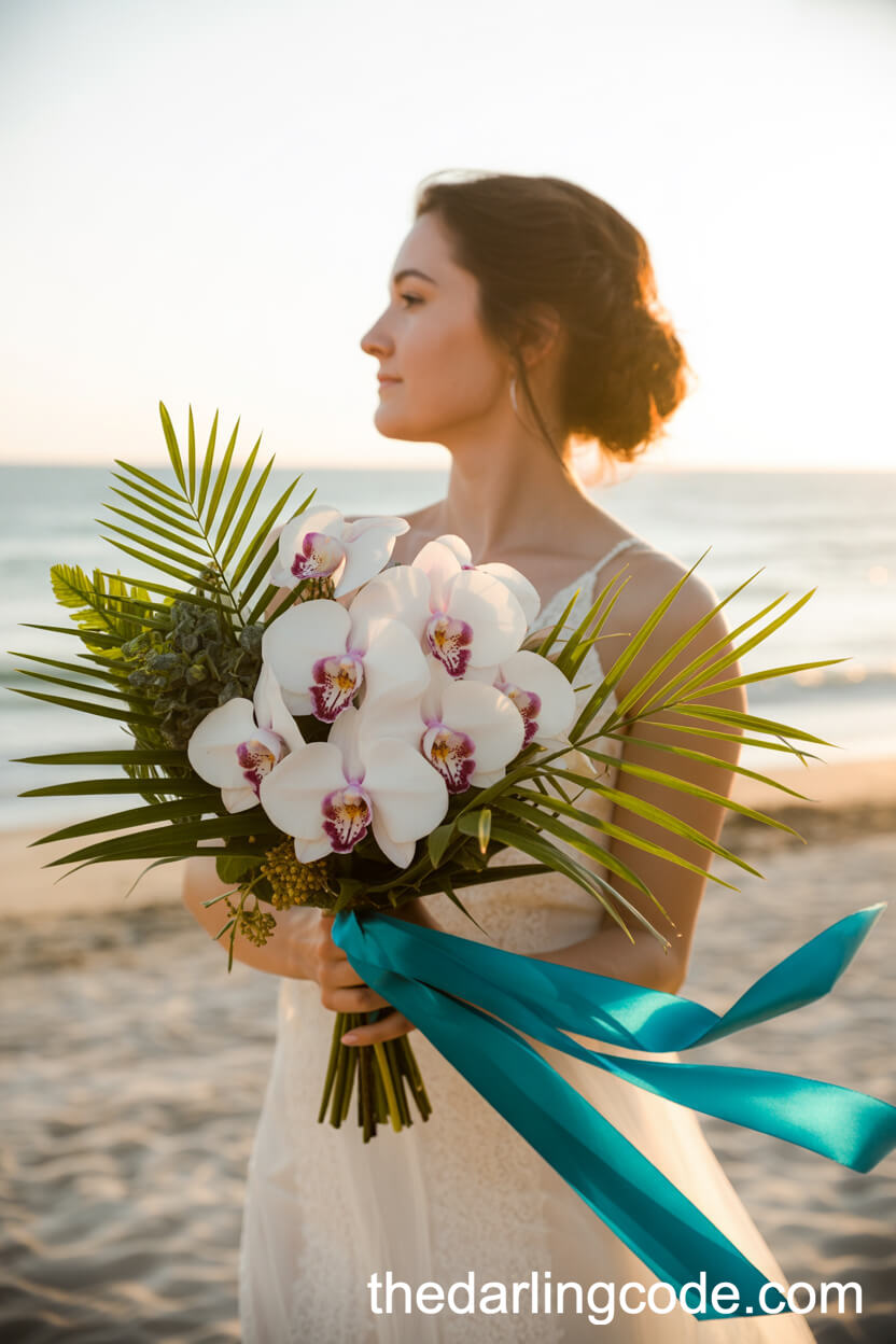 Vibrant Orchid And Palm Leaf Bridal Bouquet