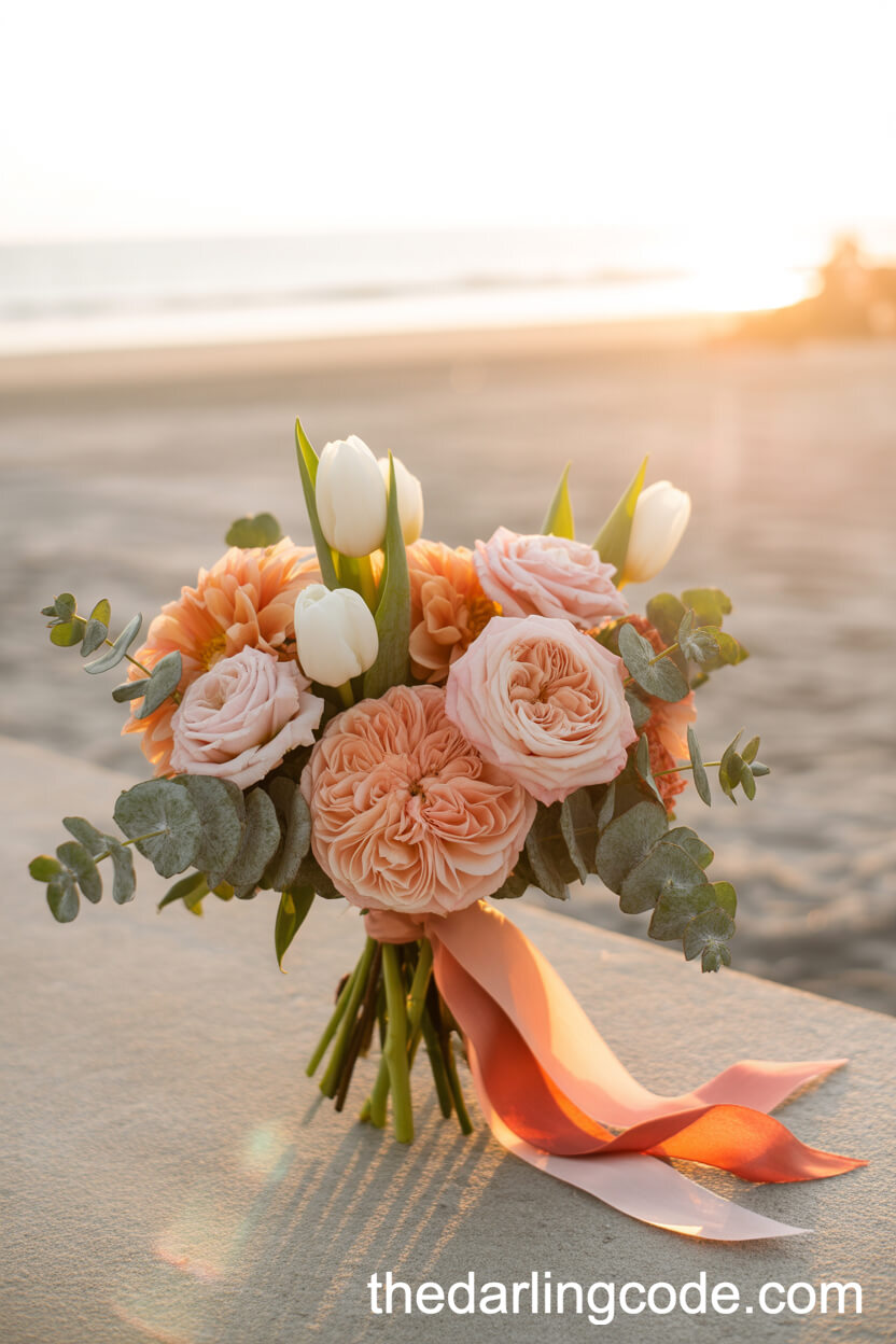 Coral Garden Rose, Dahlia, And Tulip Sunset Bouquet