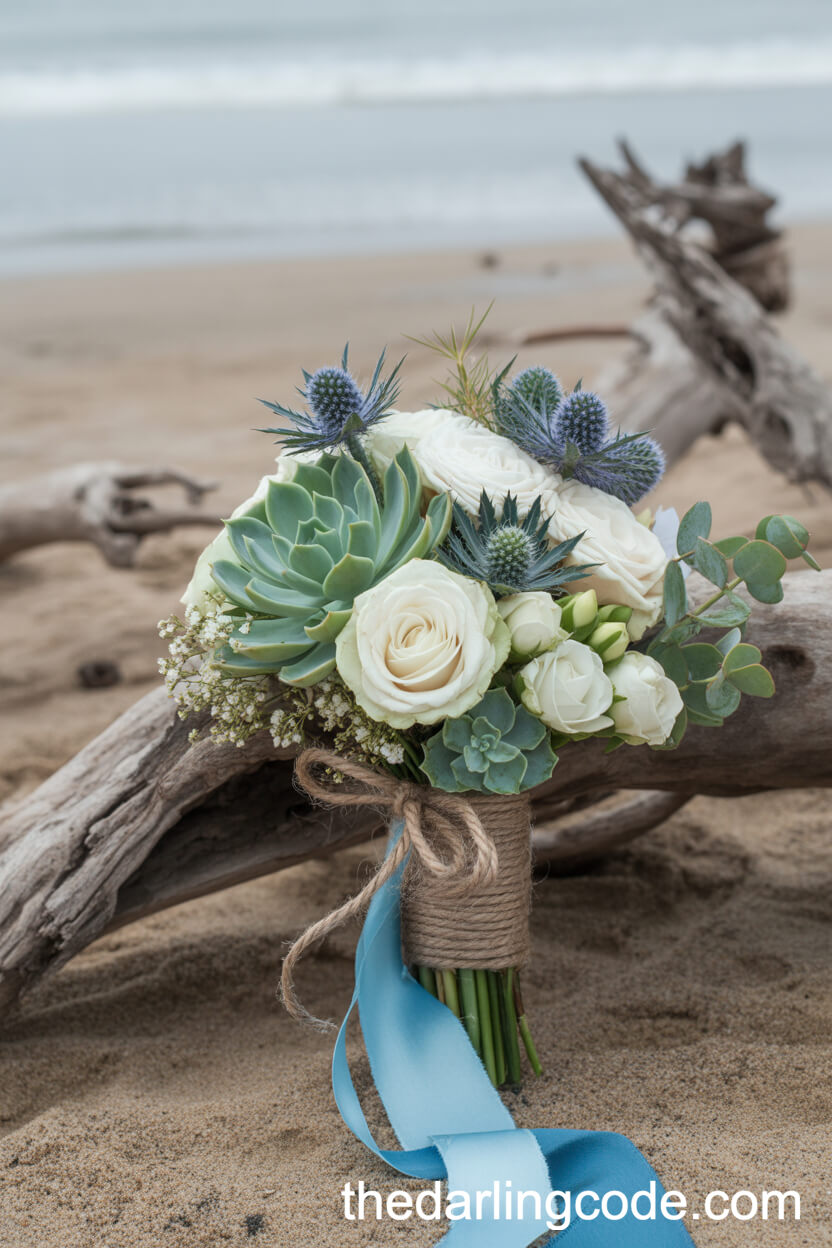 White Spray Rose, Succulent, And Driftwood Beach Bouquet