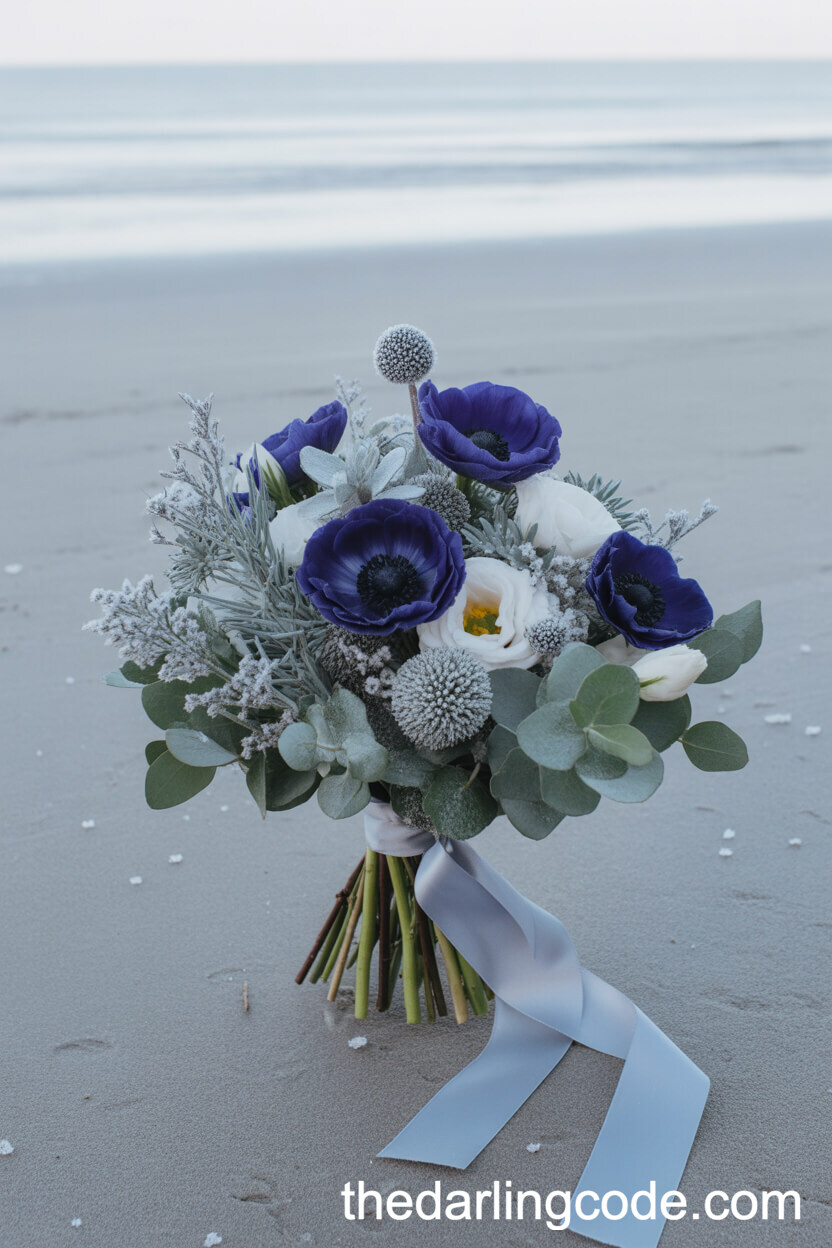 Navy Anemone And Silver Brunia Winter Beach Bouquet