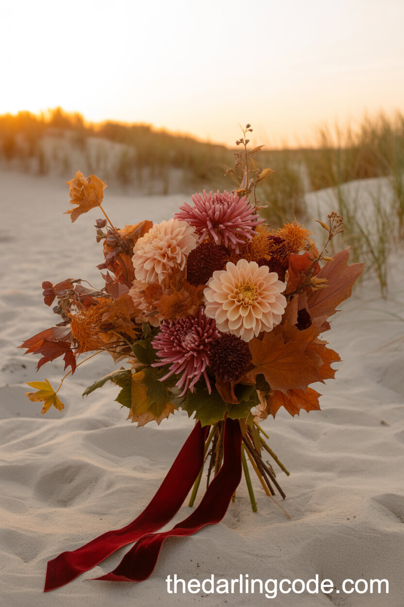 Autumn Dahlia, Chrysanthemum, And Maple Leaf Bouquet