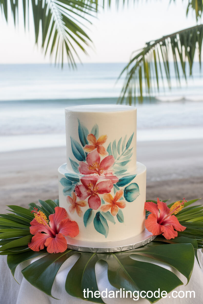 Watercolor Tropical Flower Wedding Cake