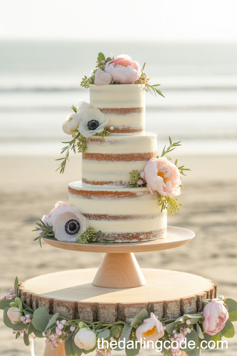 Semi-Naked Spring Flower Beach Wedding Cake