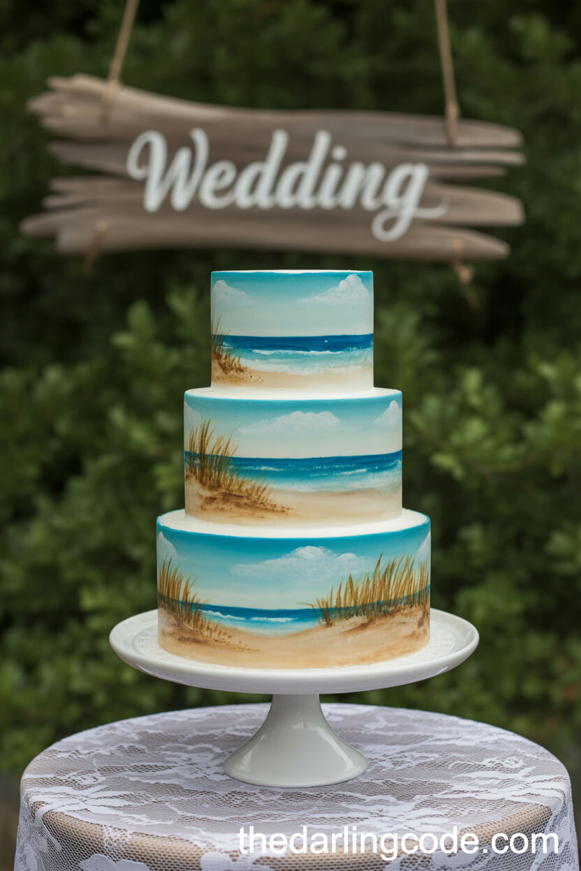 Hand-Painted Coastal Scene Wedding Cake