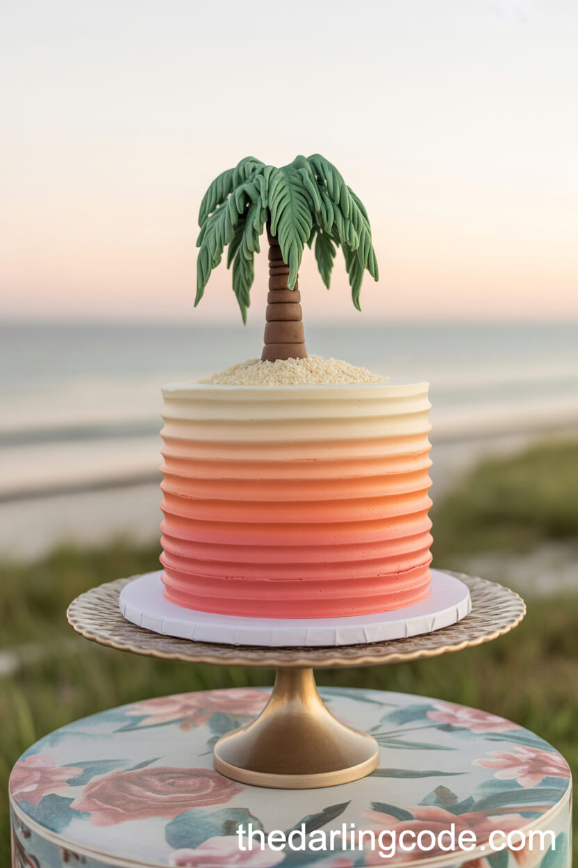 Sunset Ombre And Palm Tree Wedding Cake