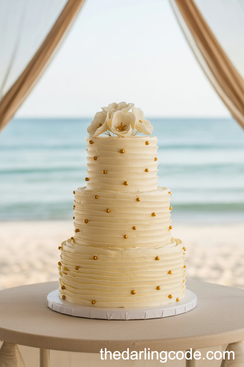 Buttercream Ruffles And Gold Bead Beach Cake