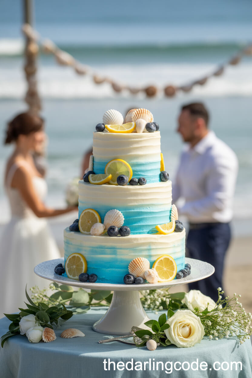 Blueberry, Lemon, And Seashell Marbled Wedding Cake