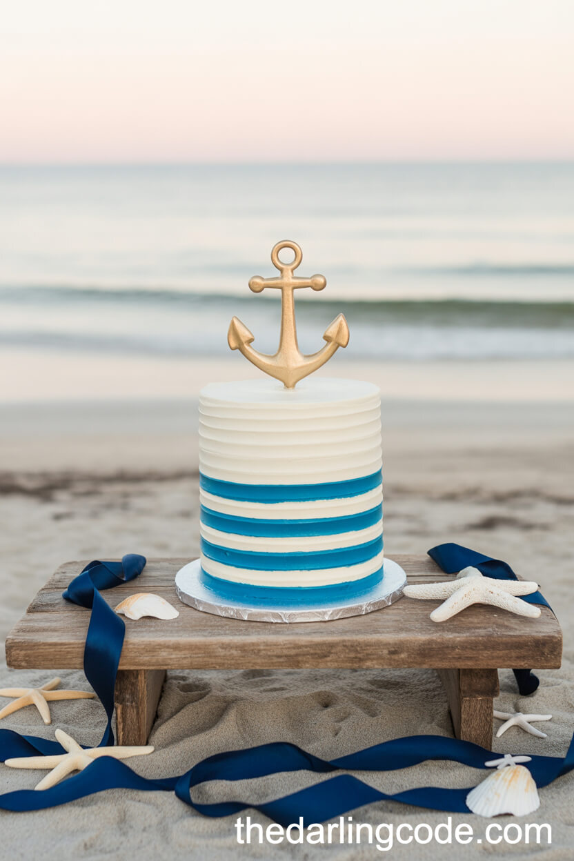 Nautical Anchor And Striped Beach Wedding Cake