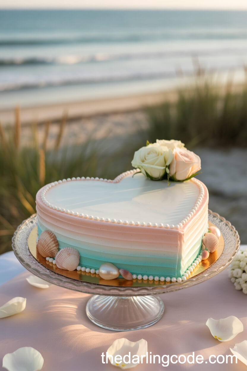 Heart-Shaped Ombre And Pearl Beach Wedding Cake